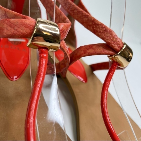 ISOLÁ Coral Peach Orange Snakeskin Gold Tipped T-Strap Cleopatra Sandals Shoes - Picture 6 of 12